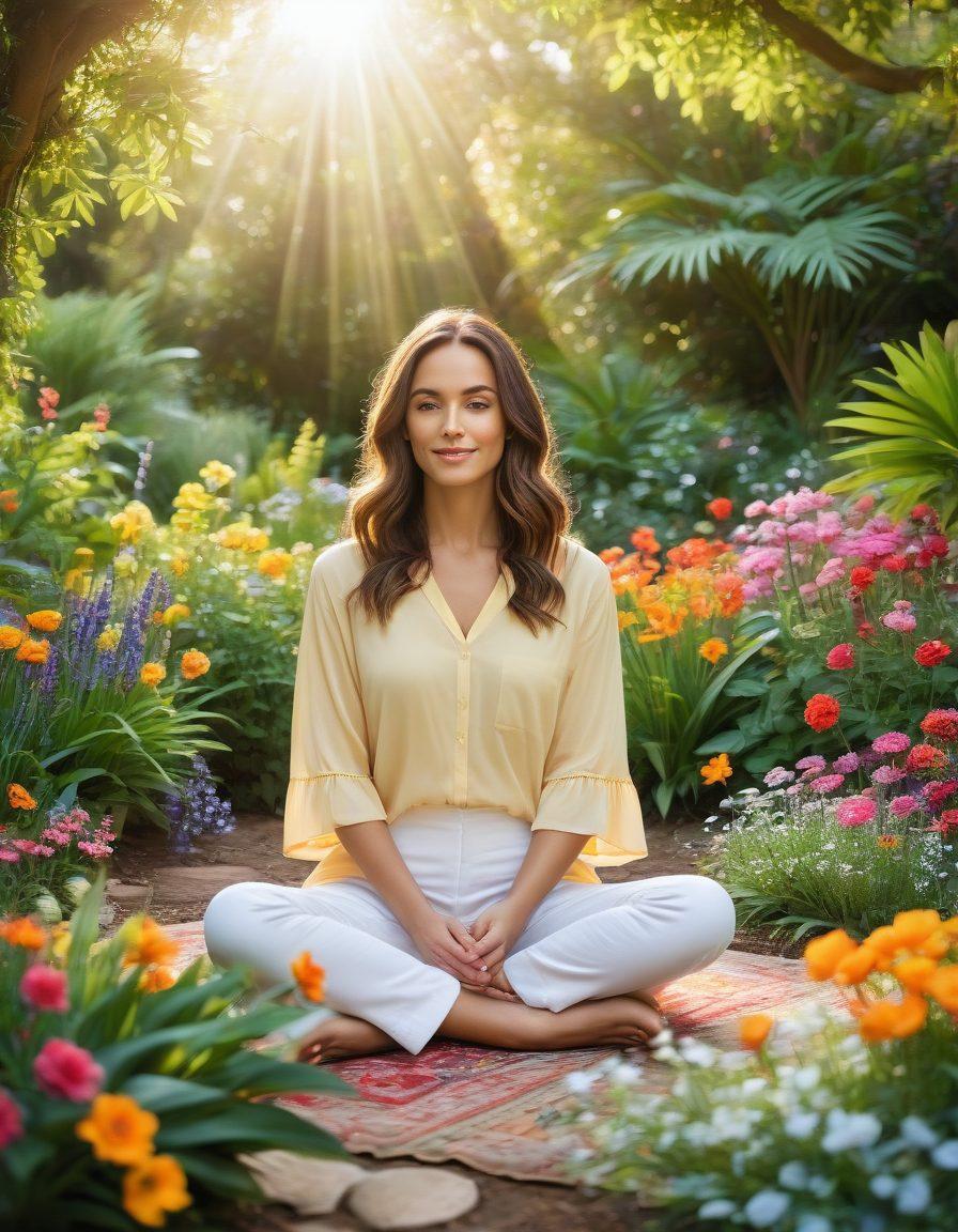A serene woman meditating in a lush, green garden filled with colorful flowers, beaming with a natural radiance. Soft sunlight filters through the leaves, creating a warm glow around her. Subtle elements of holistic beauty like essential oils, crystals, and herbal remedies are artistically placed around her. The scene conveys tranquility and the essence of self-care. super-realistic. vibrant colors. peaceful atmosphere.
