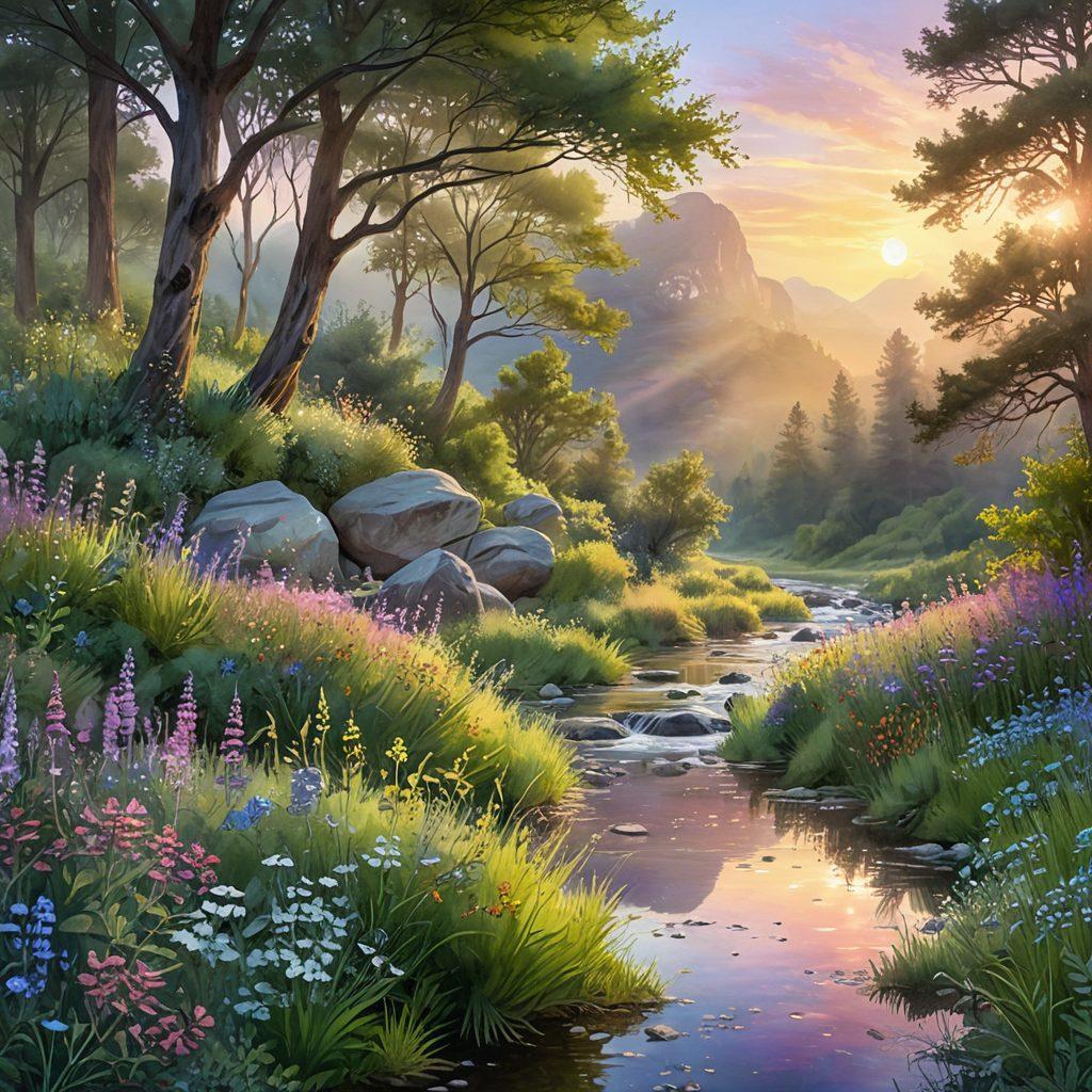 A serene landscape featuring a tranquil sunrise over a lush green valley, with gentle rays of light illuminating vibrant wildflowers and a crystal-clear stream flowing through. In the foreground, a silhouette of a meditative figure surrounded by soft glowing orbs symbolizing inner peace and radiant energy. Ethereal pastel colors enhance the soothing ambiance. watercolor painting. soft focus. dreamy.