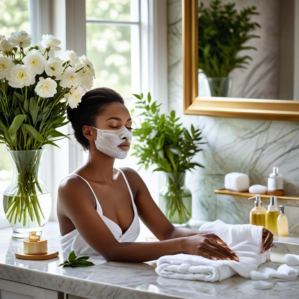 A serene scene depicting a sunlit bathroom with elegant skincare products arranged aesthetically on a marble countertop, fresh flowers in a delicate vase, and a soft cotton towel draped invitingly. A glowing woman gently applying a facial mask, radiating tranquility and self-care. The background features lush green plants and warm lighting for a cozy ambiance. super-realistic. vibrant colors. soft focus.